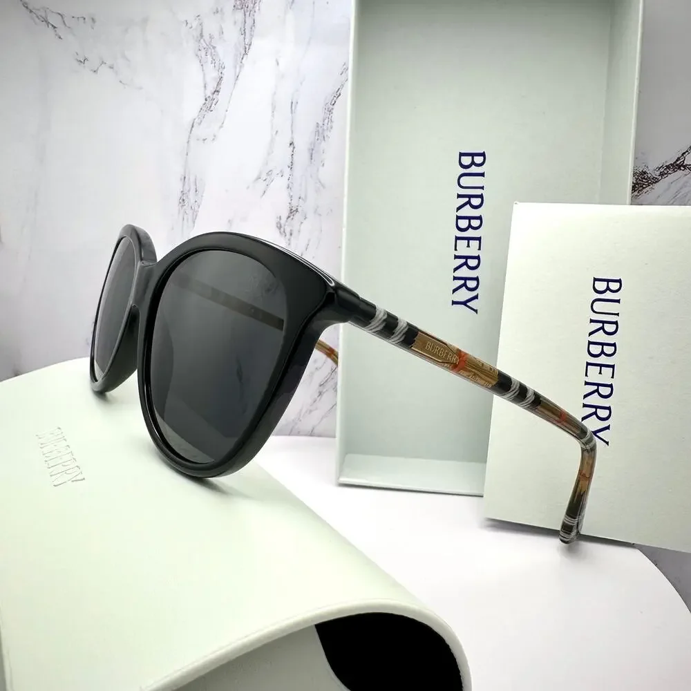 New Burberry Sunglasses Black Front Round Pantos Frame Checkered Arms Gray Lens